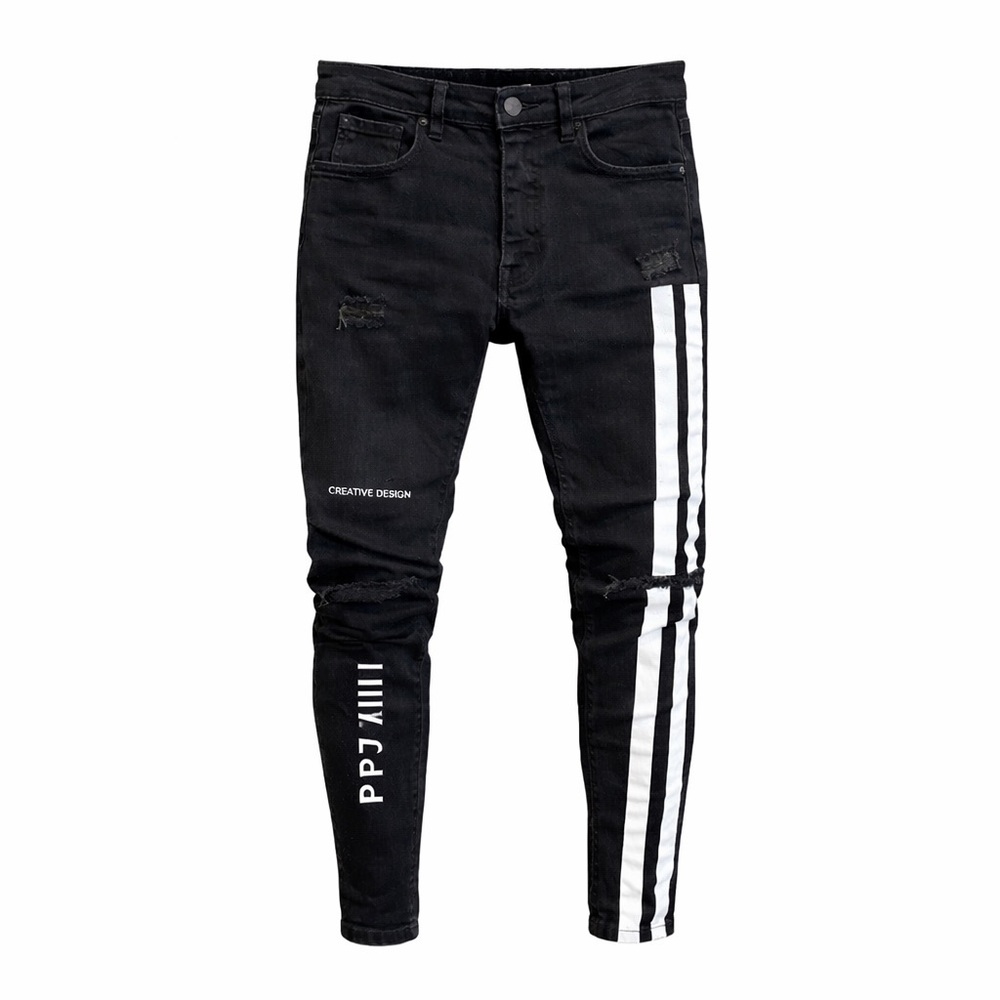 Huakaishijie Men’s Slim Fit Ripped Skinny Jeans Side Denim Black Stretch 33x28